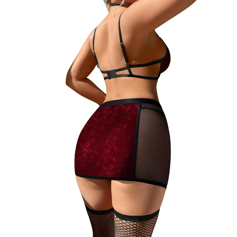 Foxiny Women's Red Sexy Cutout Halter Underwire Leather Mesh Sheer Mini Skirt M